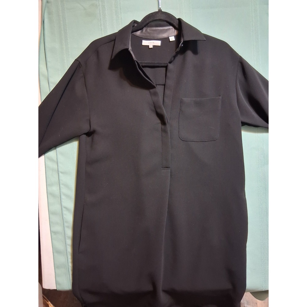 Vince Black Crepe Leather Trim Shift Dress Long Sleeve Collared Tunic Size M